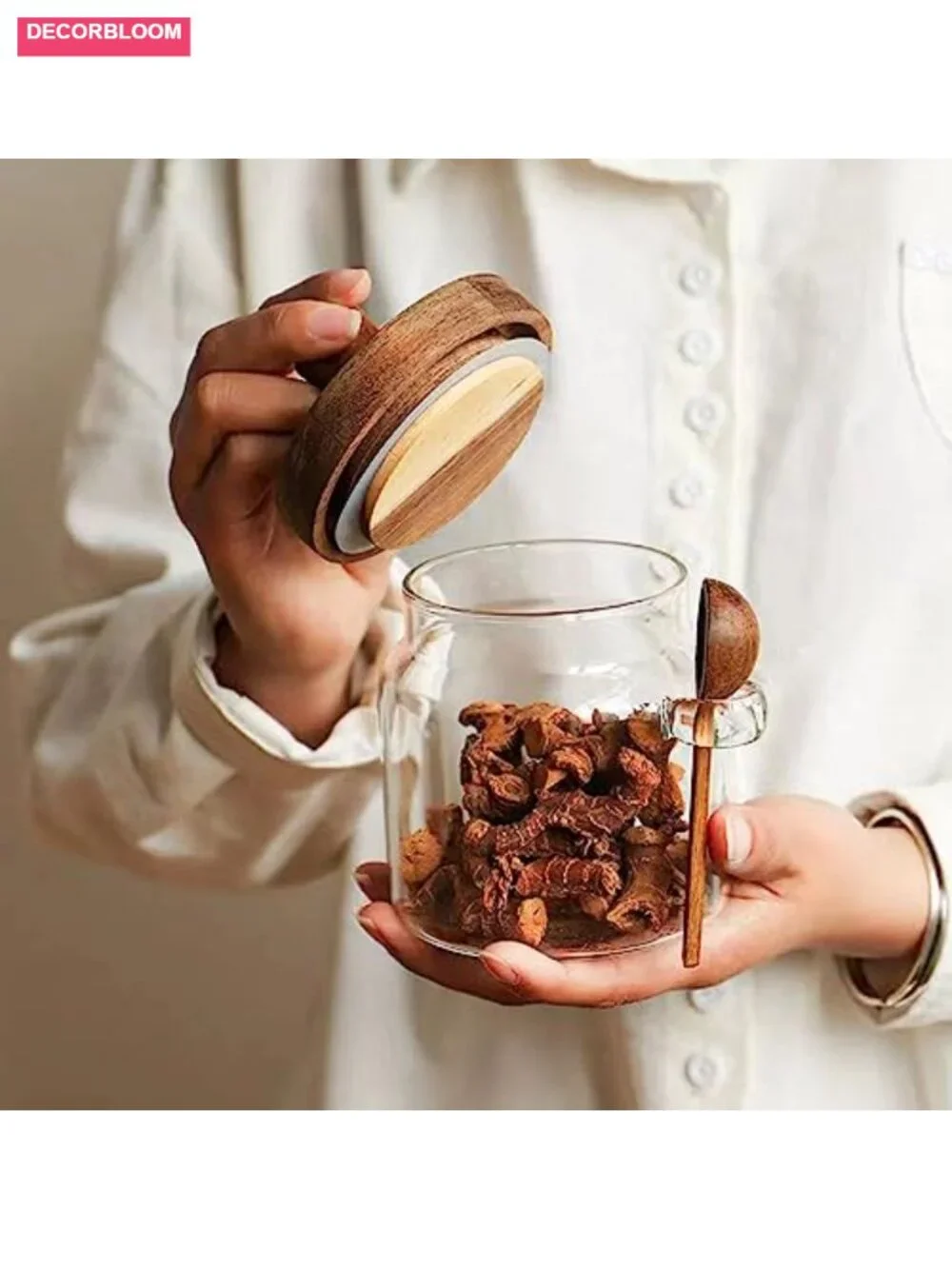 Glass Jars with Wooden Lids and Spoons, Set of 3, 17/22/27 OZ